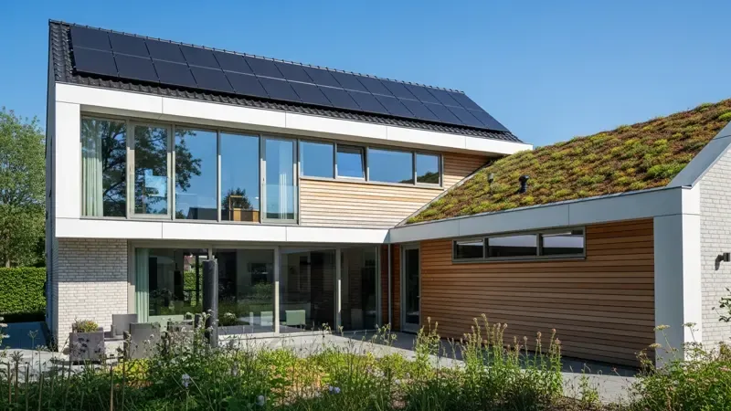 Moderne energiezuinige woning met zonnepanelen op het dak